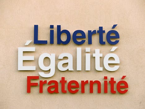 Bold text of 'Liberté, Égalité, Fraternité' on a wall in France.